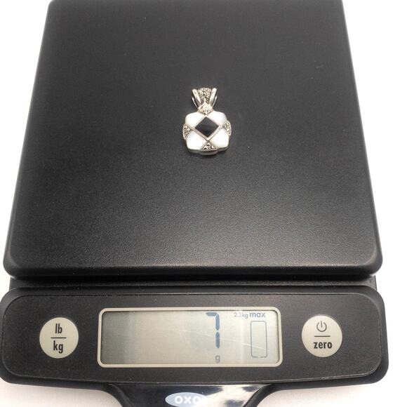 NF 925 Sterling Silver Onyx Mother of Pearl Marcasite Pendant - Picture 12 of 12